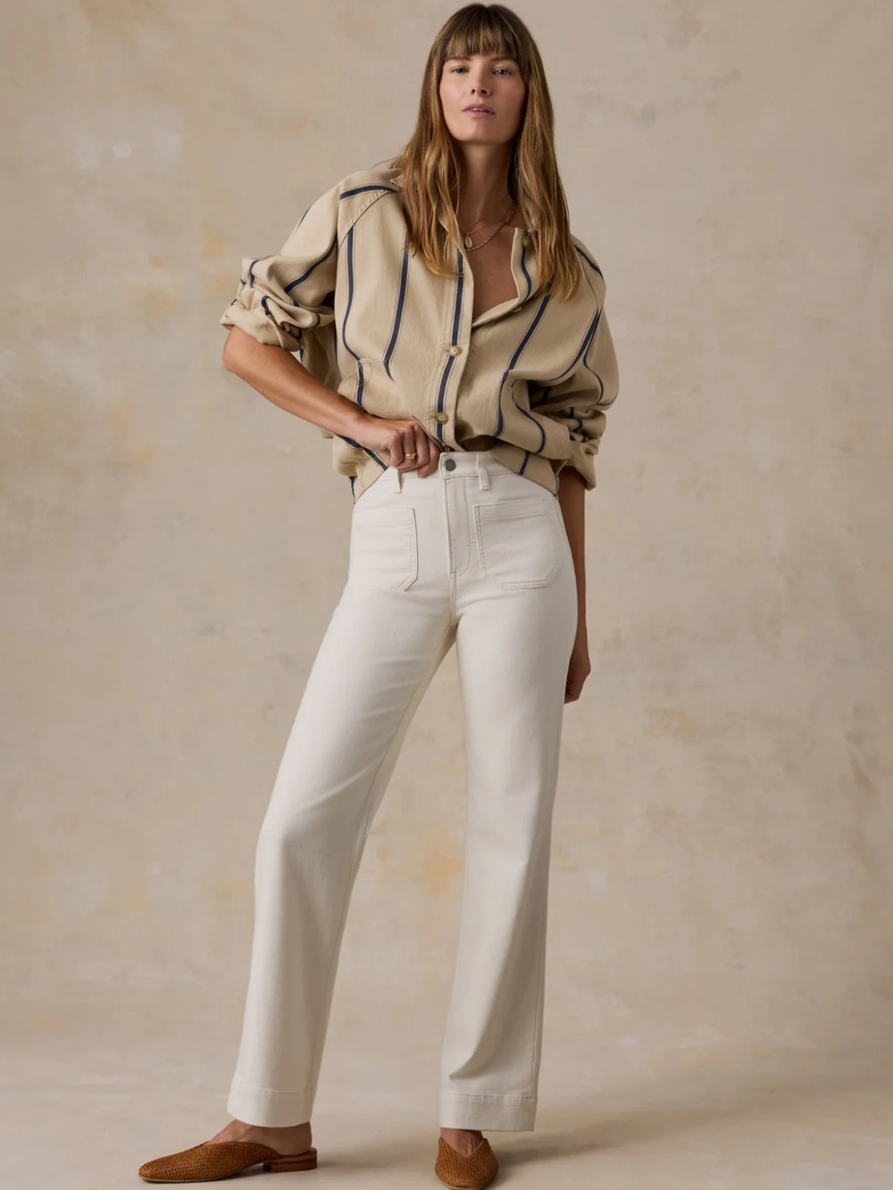 Faherty Wide-Leg Cream High-Rise Stretch Terry Patch Pocket Pant - Egret size 27